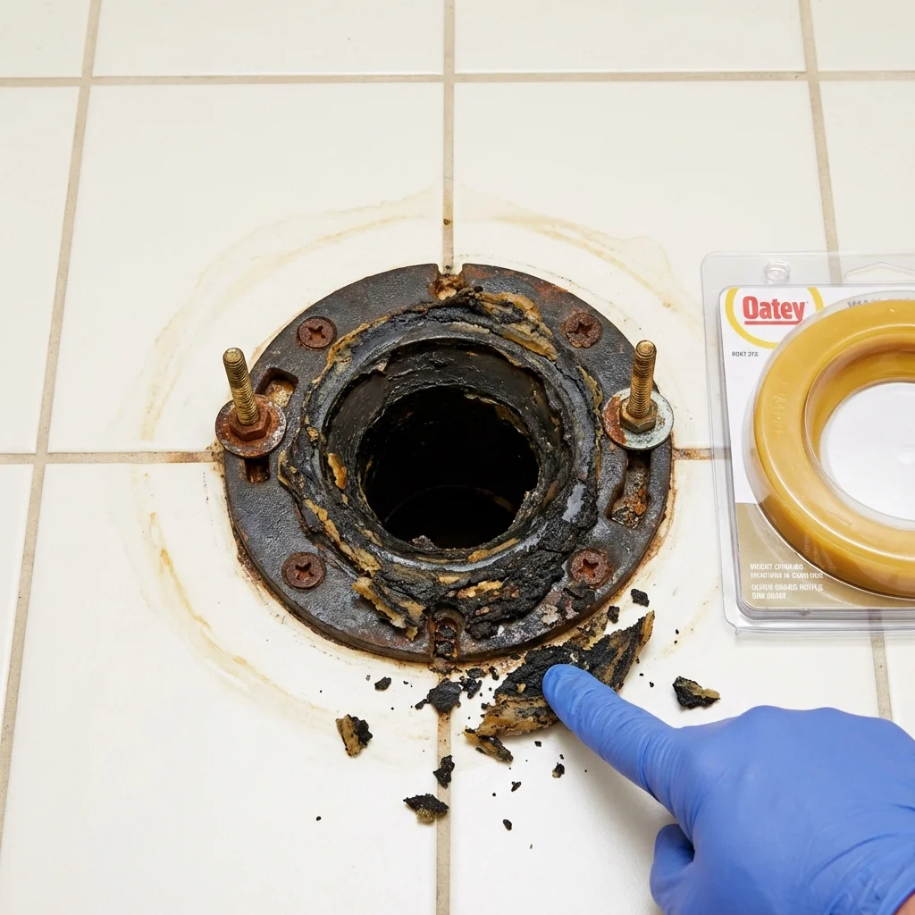 Failed wax ring showing water seepage at the base of a toilet in a Bradenton Beach, FL home