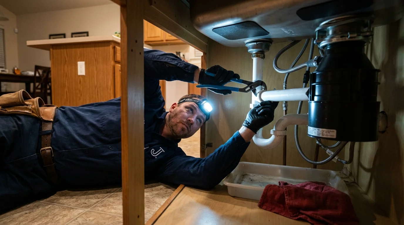 P-trap and supply line connections under a kitchen sink showing a common leak point in Bradenton Beach, FL
